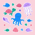 Ocean or sea cute baby animals sticker collection on pink background